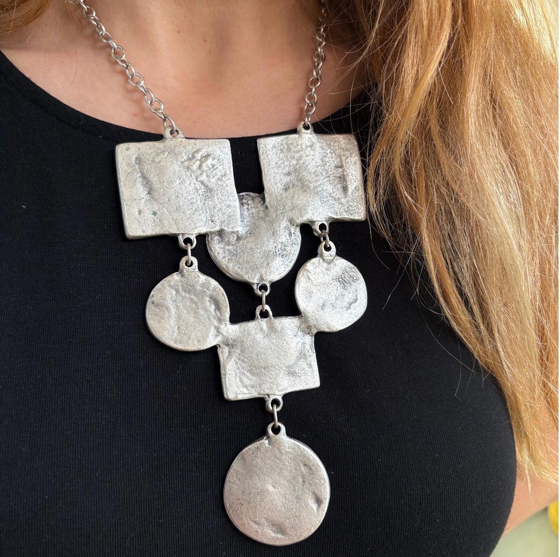 Hammered Silver-Plated Bib Necklace, Brutalist Southwestern Statement Collar