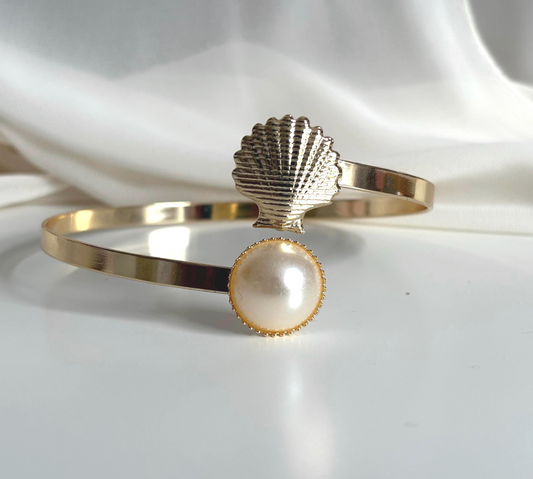 Boho Brass Arm Cuff: Shell and Faux Pearl Armlet
