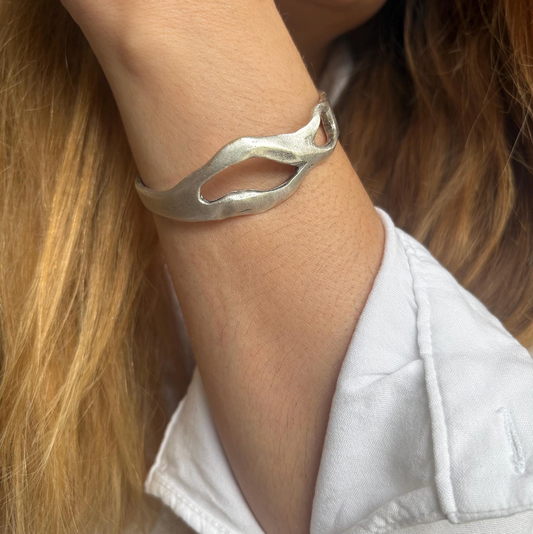 Silver Plated Wave Cuff Bracelet – Sculptural Boho Bangle - Unique Hand-Finished Design
