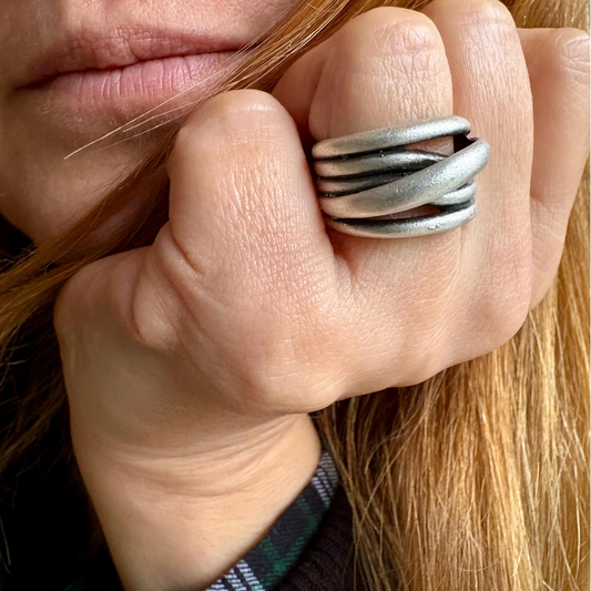 Hammered Silver Brutalist Ring, Adjustable Multi-Strand Wrap Band