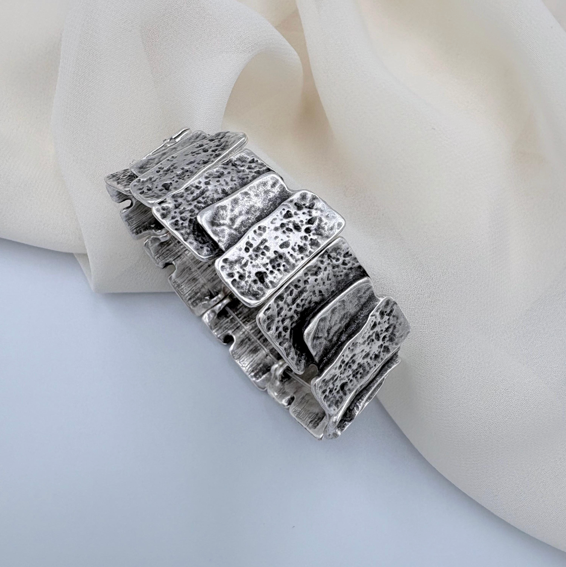 Hammered Silver Plated Stretch Bracelet, Chunky Rustic Link