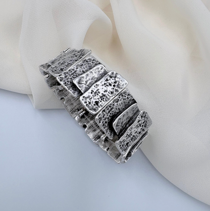 Hammered Silver Plated Stretch Bracelet, Chunky Rustic Link