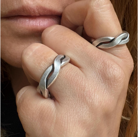 Silver-Plated Brass Twist Ring • Adjustable Open Band, Geometric Jewelry