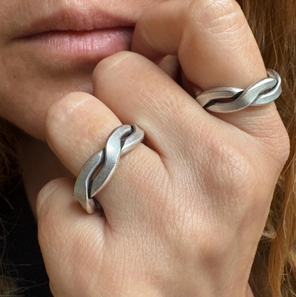 Silver-Plated Brass Twist Ring • Adjustable Open Band, Geometric Jewelry