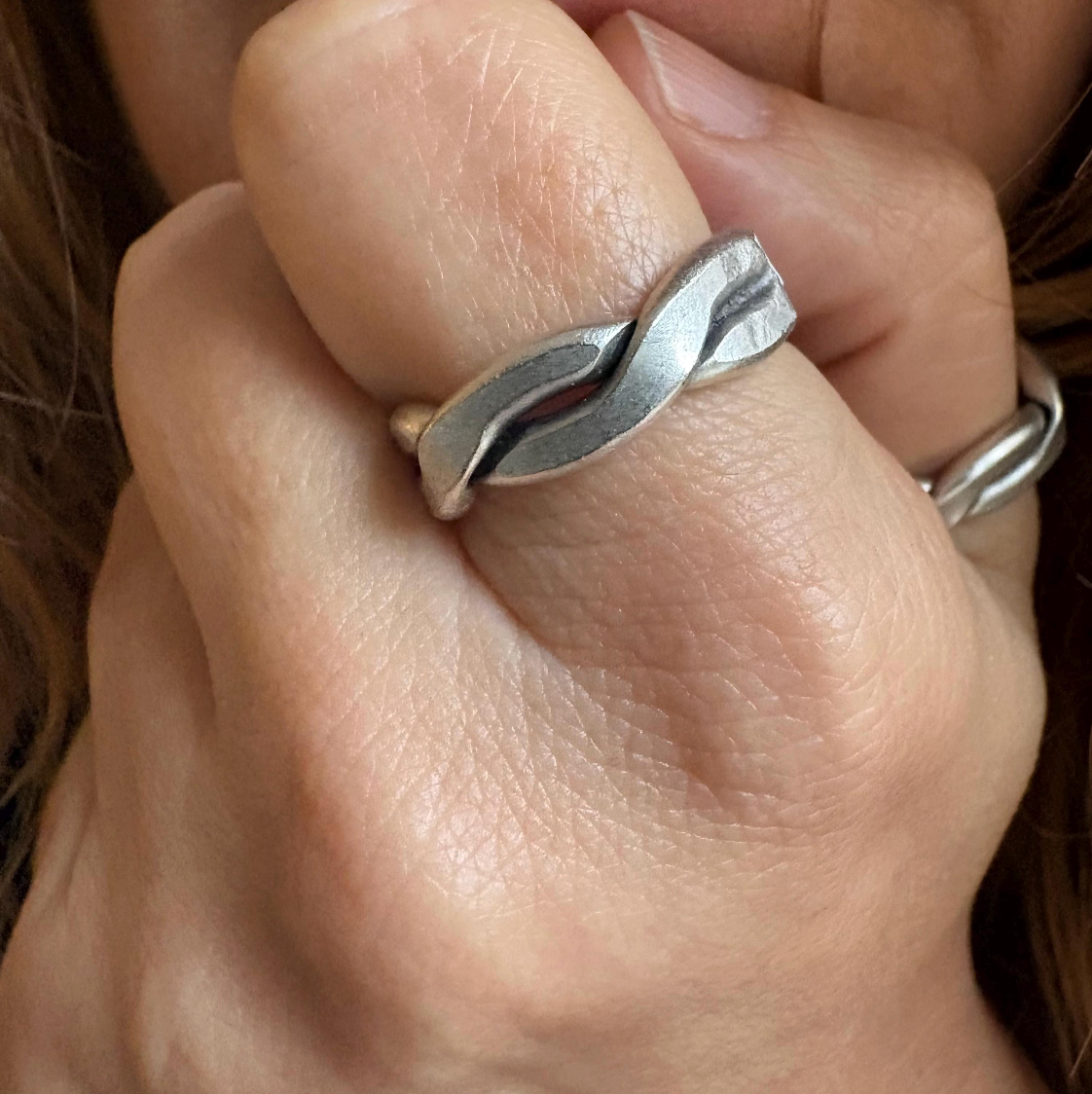 Silver-Plated Brass Twist Ring • Adjustable Open Band, Geometric Jewelry