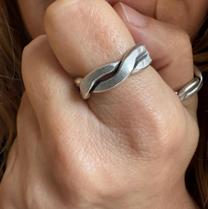 Silver-Plated Brass Twist Ring • Adjustable Open Band, Geometric Jewelry