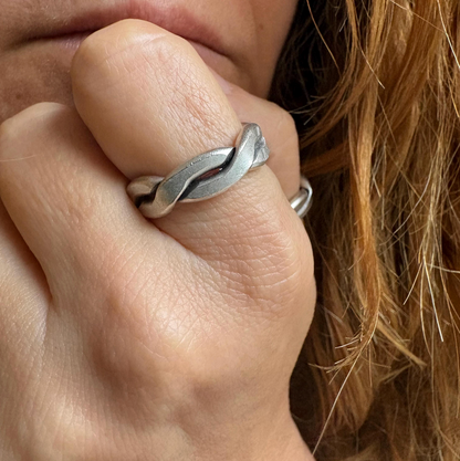 Silver-Plated Brass Twist Ring • Adjustable Open Band, Geometric Jewelry