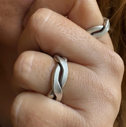 Silver-Plated Brass Twist Ring • Adjustable Open Band, Geometric Jewelry