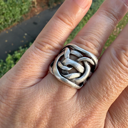 Handcrafted Brass Knot Ring – Adjustable Silver Finish, Rustic Unisex Jewelry