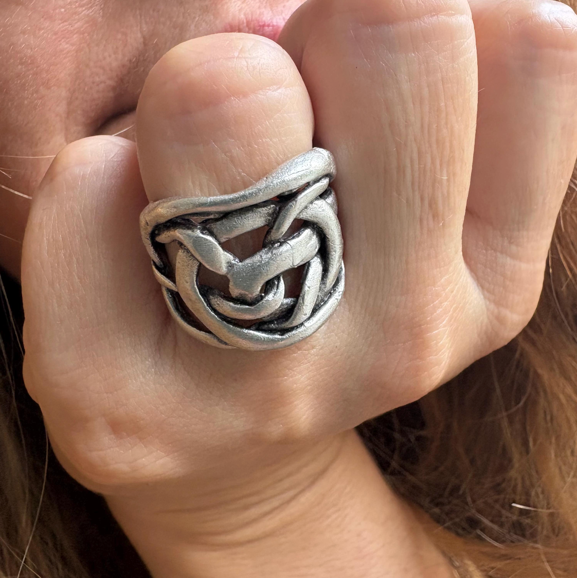 Handcrafted Brass Knot Ring – Adjustable Silver Finish, Rustic Unisex Jewelry