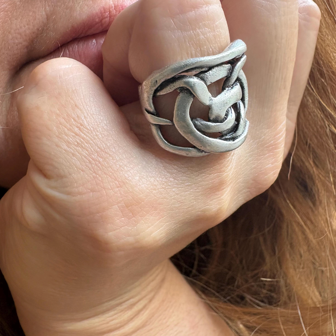 Handcrafted Brass Knot Ring – Adjustable Silver Finish, Rustic Unisex Jewelry