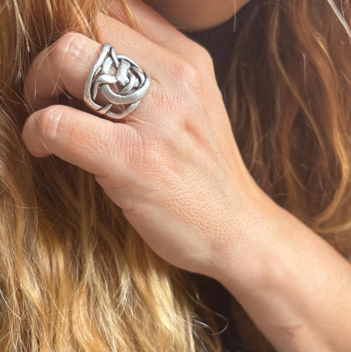 Handcrafted Brass Knot Ring – Adjustable Silver Finish, Rustic Unisex Jewelry