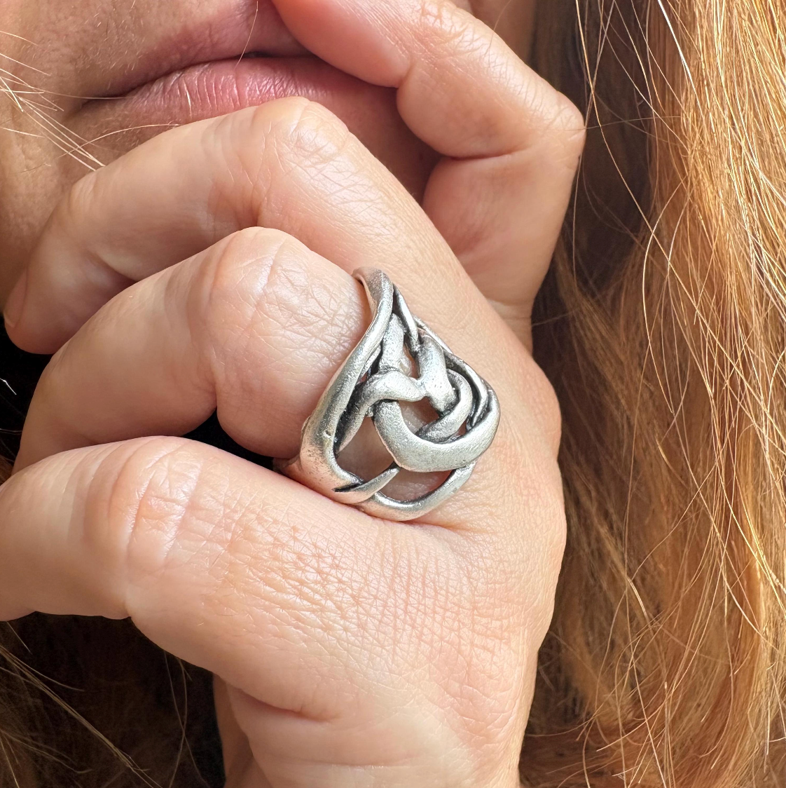 Handcrafted Brass Knot Ring – Adjustable Silver Finish, Rustic Unisex Jewelry