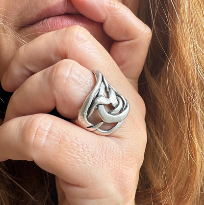 Handcrafted Brass Knot Ring – Adjustable Silver Finish, Rustic Unisex Jewelry