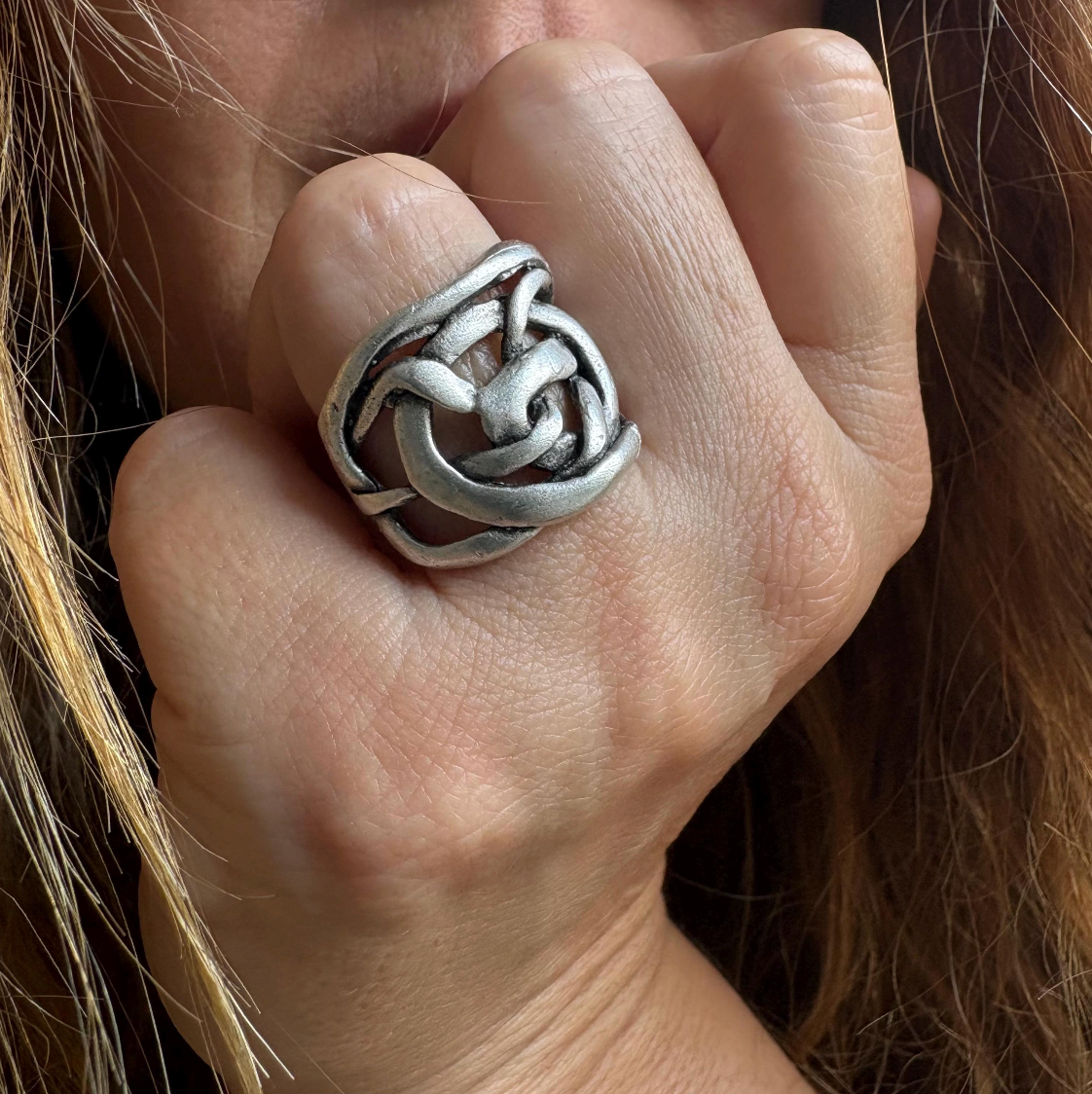 Handcrafted Brass Knot Ring – Adjustable Silver Finish, Rustic Unisex Jewelry