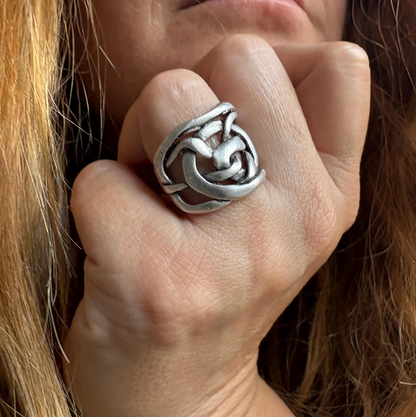 Handcrafted Brass Knot Ring – Adjustable Silver Finish, Rustic Unisex Jewelry