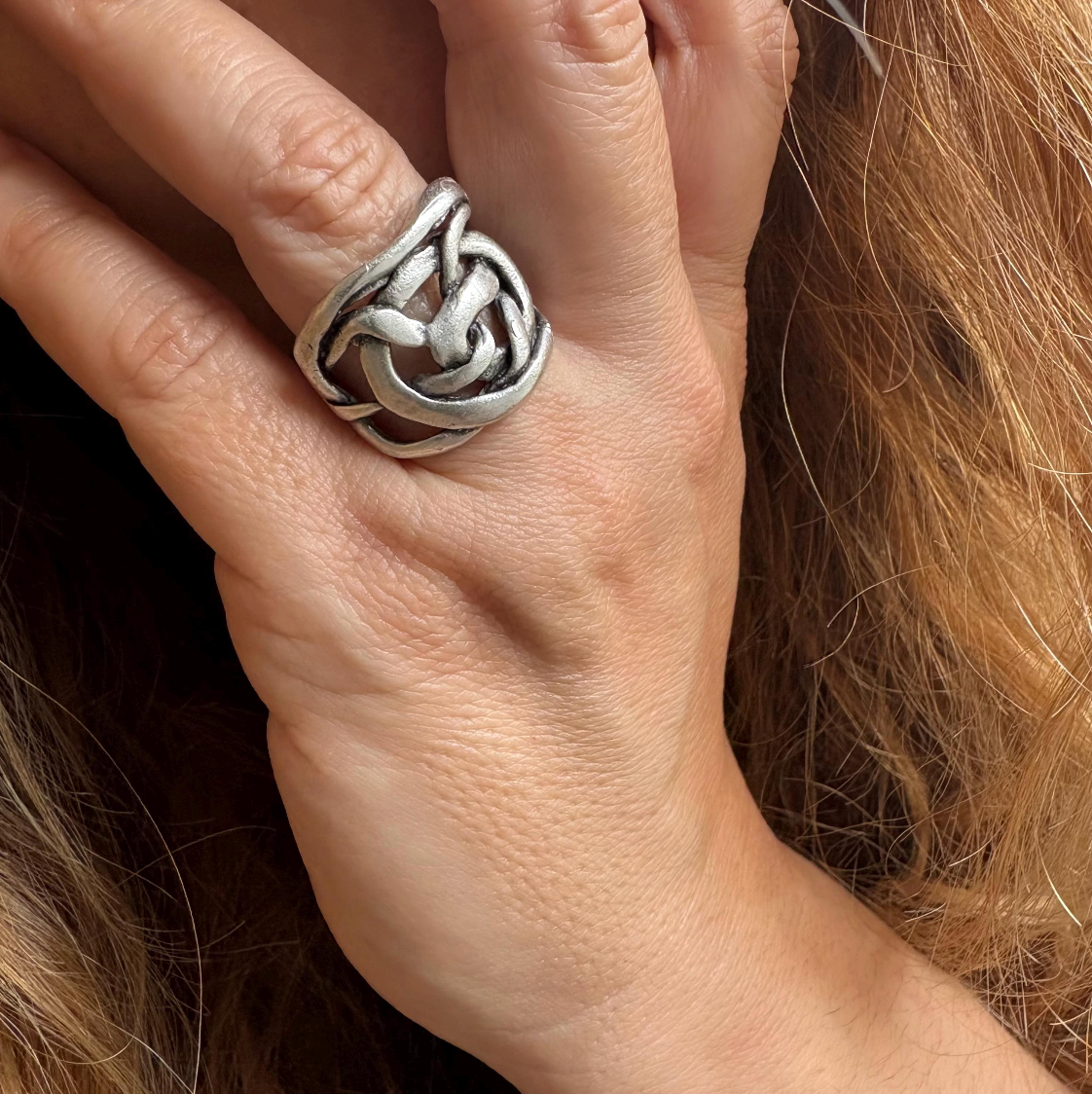 Handcrafted Brass Knot Ring – Adjustable Silver Finish, Rustic Unisex Jewelry