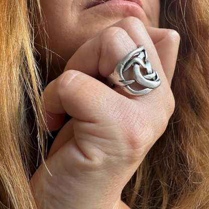 Handcrafted Brass Knot Ring – Adjustable Silver Finish, Rustic Unisex Jewelry