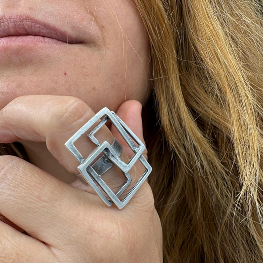 Geometric Square Ring | Silver Tone Adjustable Brass Statement Ring, Gift for Her