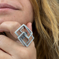 Geometric Square Ring | Silver Tone Adjustable Brass Statement Ring, Gift for Her