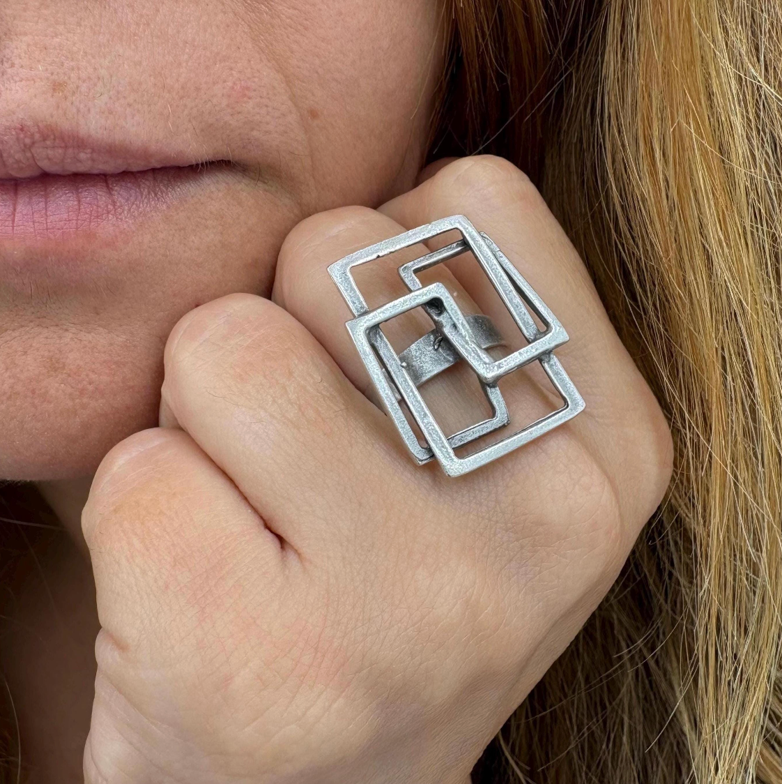 Geometric Square Ring | Silver Tone Adjustable Brass Statement Ring, Gift for Her