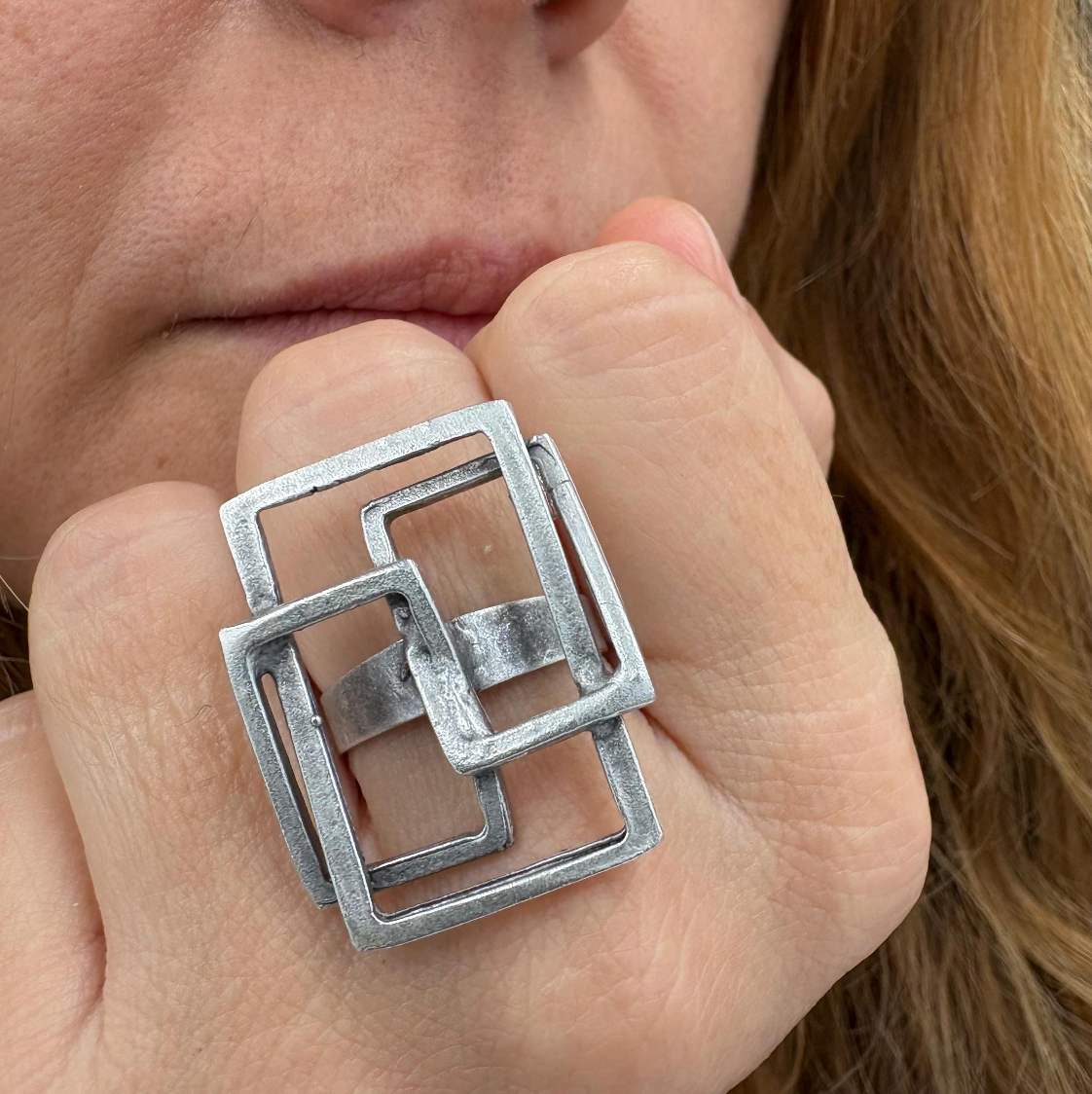 Geometric Square Ring | Silver Tone Adjustable Brass Statement Ring, Gift for Her
