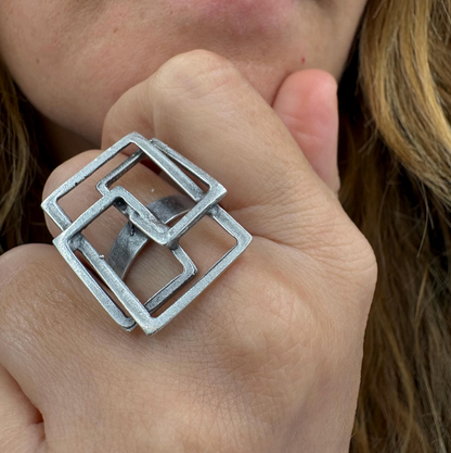 Geometric Square Ring | Silver Tone Adjustable Brass Statement Ring, Gift for Her