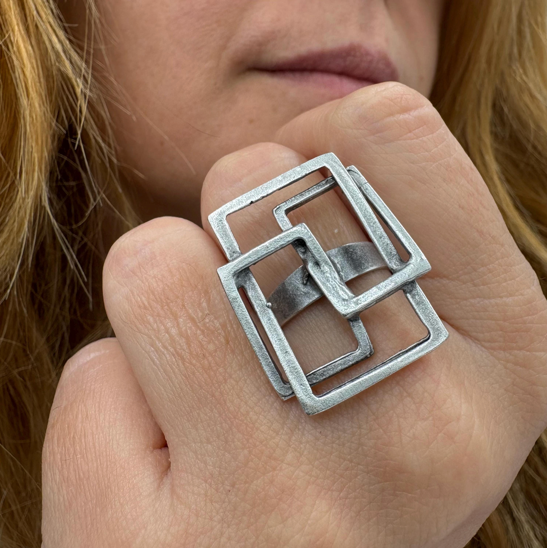 Geometric Square Ring | Silver Tone Adjustable Brass Statement Ring, Gift for Her