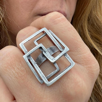 Geometric Square Ring | Silver Tone Adjustable Brass Statement Ring, Gift for Her