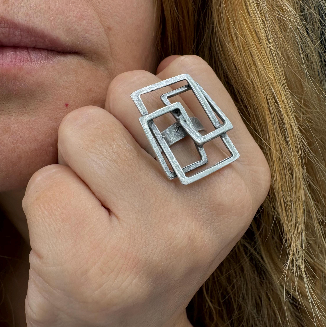 Geometric Square Ring | Silver Tone Adjustable Brass Statement Ring, Gift for Her