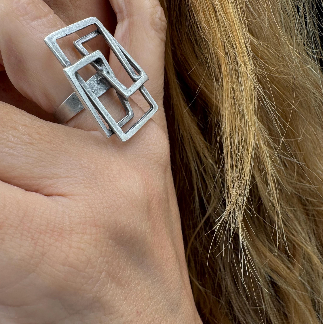 Geometric Square Ring | Silver Tone Adjustable Brass Statement Ring, Gift for Her
