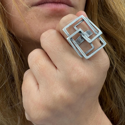 Geometric Square Ring | Silver Tone Adjustable Brass Statement Ring, Gift for Her
