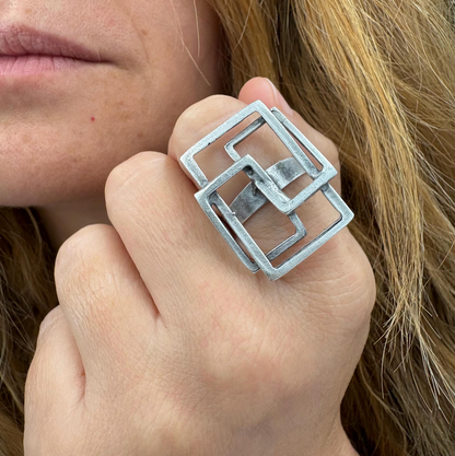 Geometric Square Ring | Silver Tone Adjustable Brass Statement Ring, Gift for Her
