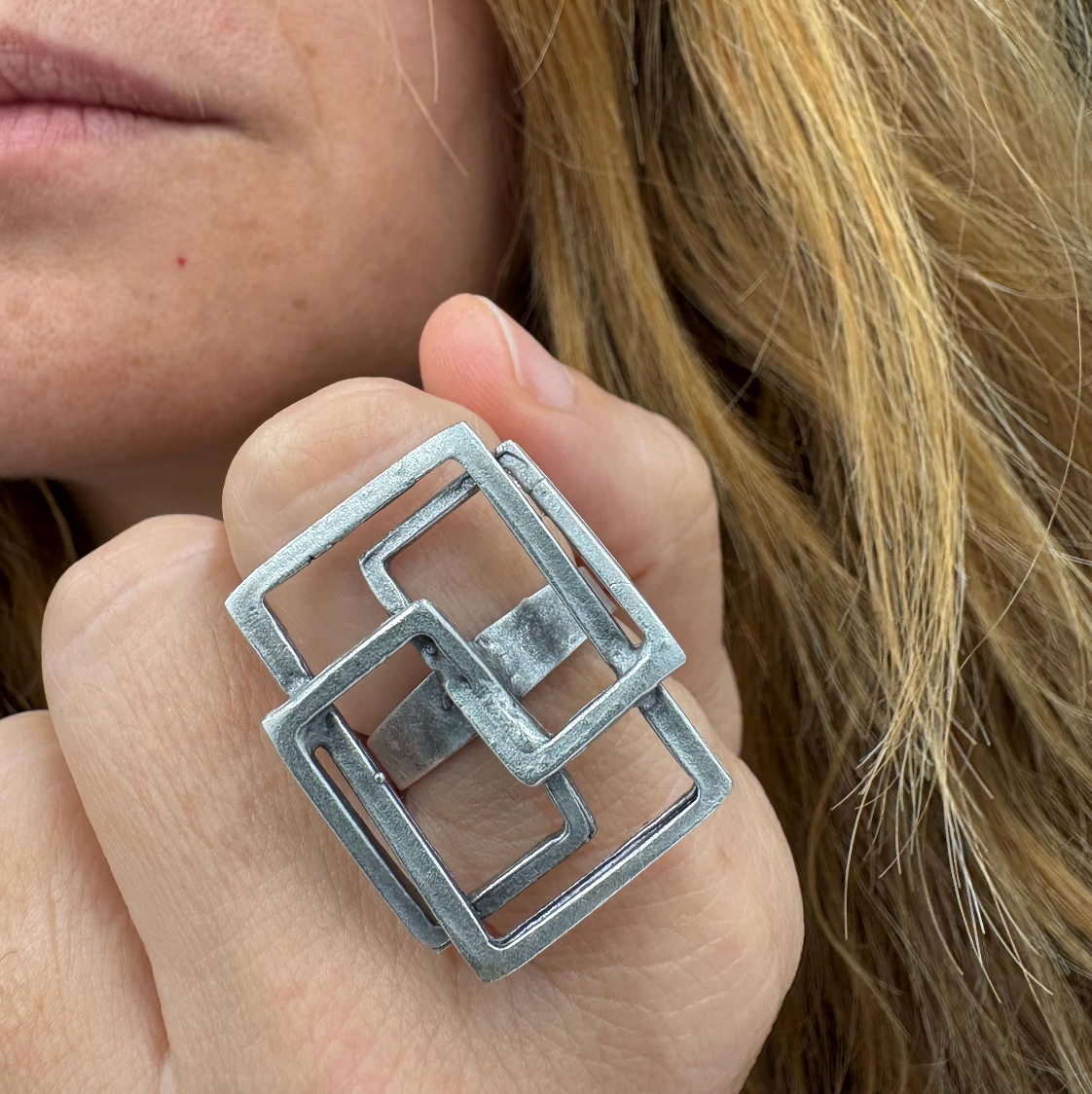 Geometric Square Ring | Silver Tone Adjustable Brass Statement Ring, Gift for Her