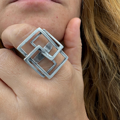 Geometric Square Ring | Silver Tone Adjustable Brass Statement Ring, Gift for Her