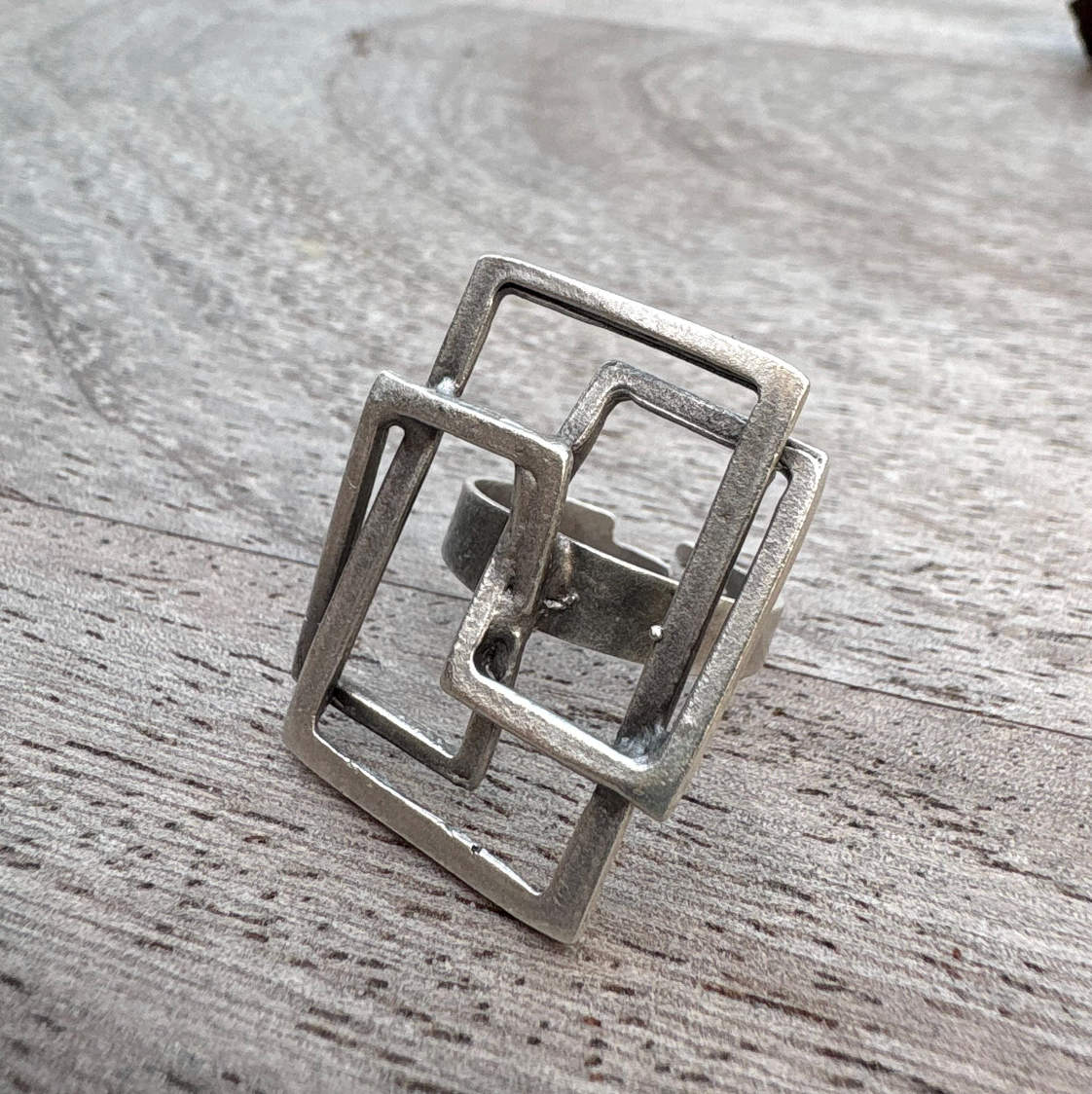 Geometric Square Ring | Silver Tone Adjustable Brass Statement Ring, Gift for Her