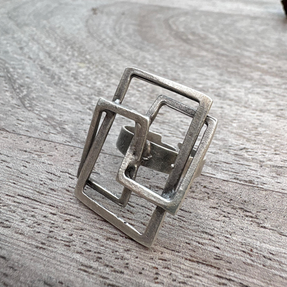 Geometric Square Ring | Silver Tone Adjustable Brass Statement Ring, Gift for Her