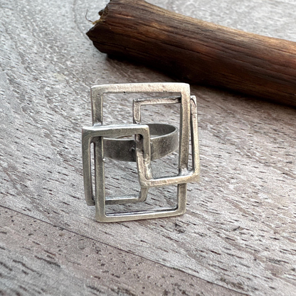 Geometric Square Ring | Silver Tone Adjustable Brass Statement Ring, Gift for Her