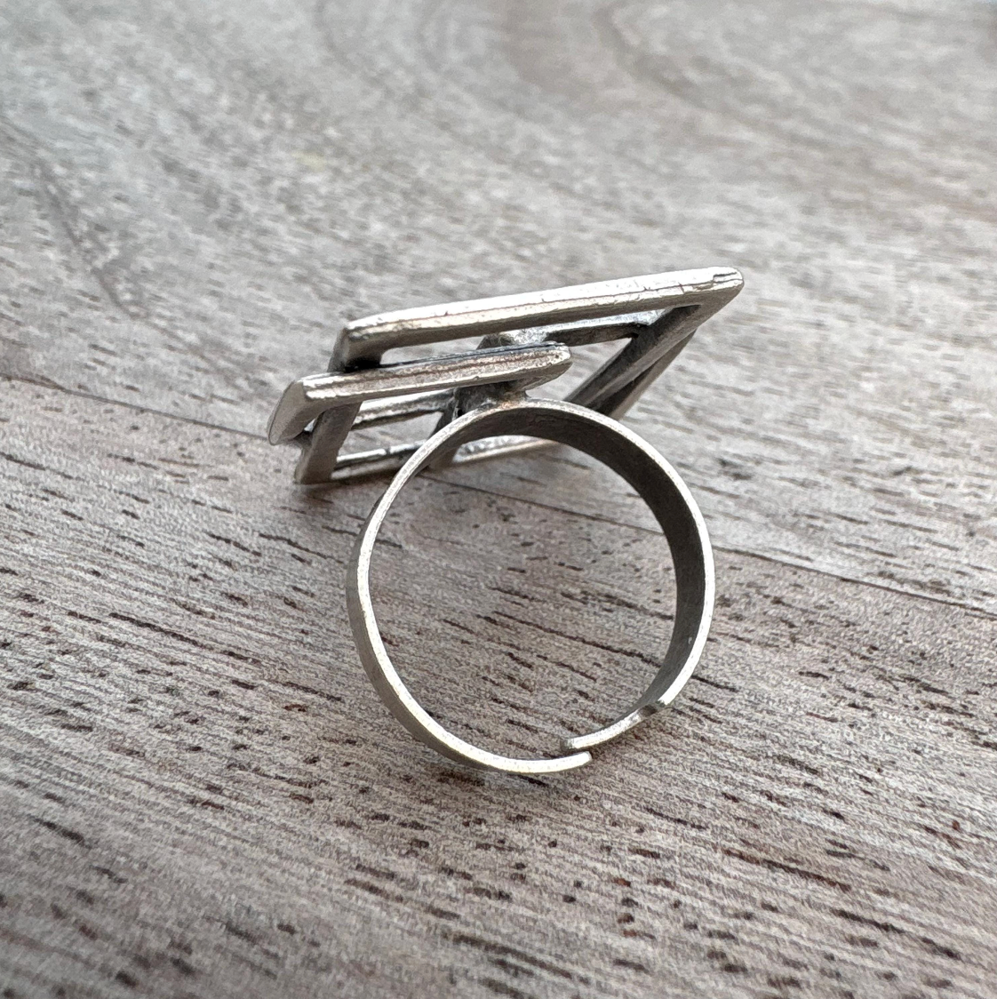 Geometric Square Ring | Silver Tone Adjustable Brass Statement Ring, Gift for Her