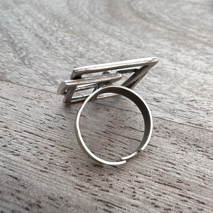 Geometric Square Ring | Silver Tone Adjustable Brass Statement Ring, Gift for Her