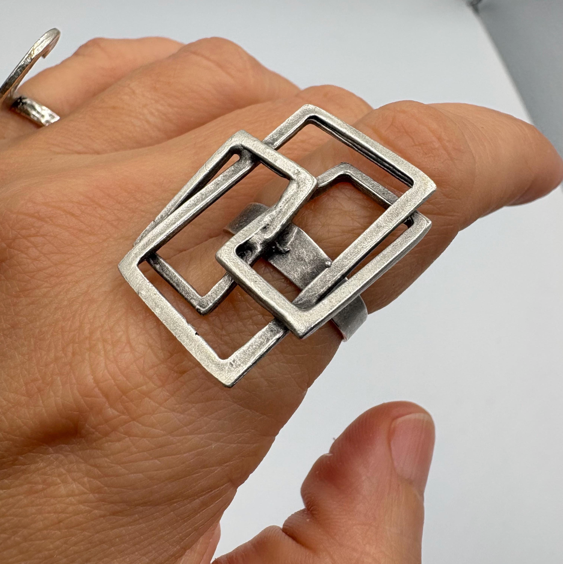 Geometric Square Ring | Silver Tone Adjustable Brass Statement Ring, Gift for Her