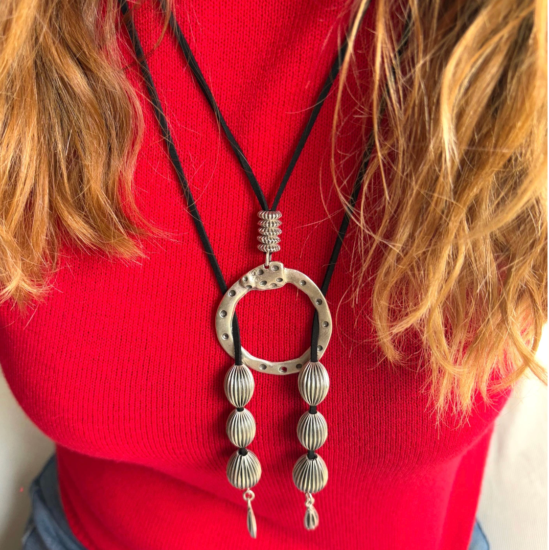 Handmade Antique Silver Circle Pendant Necklace – Black Cord, Boho Jewellery