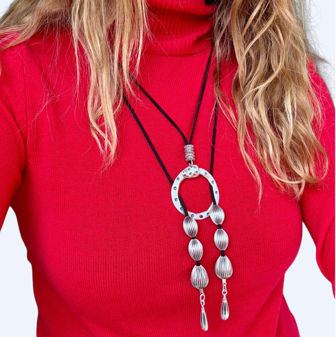 Handmade Antique Silver Circle Pendant Necklace – Black Cord, Boho Jewellery
