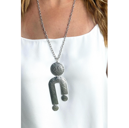 Hammered Silver Geometric Statement Vintage Necklace – Circle and Arch Pendant, Adjustable Chain