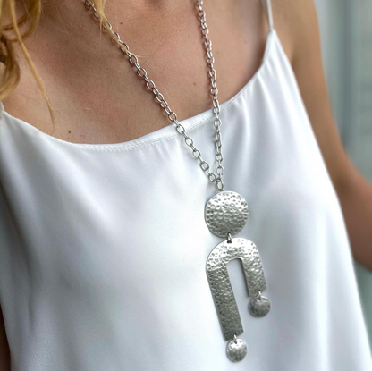 Hammered Silver Geometric Statement Vintage Necklace – Circle and Arch Pendant, Adjustable Chain