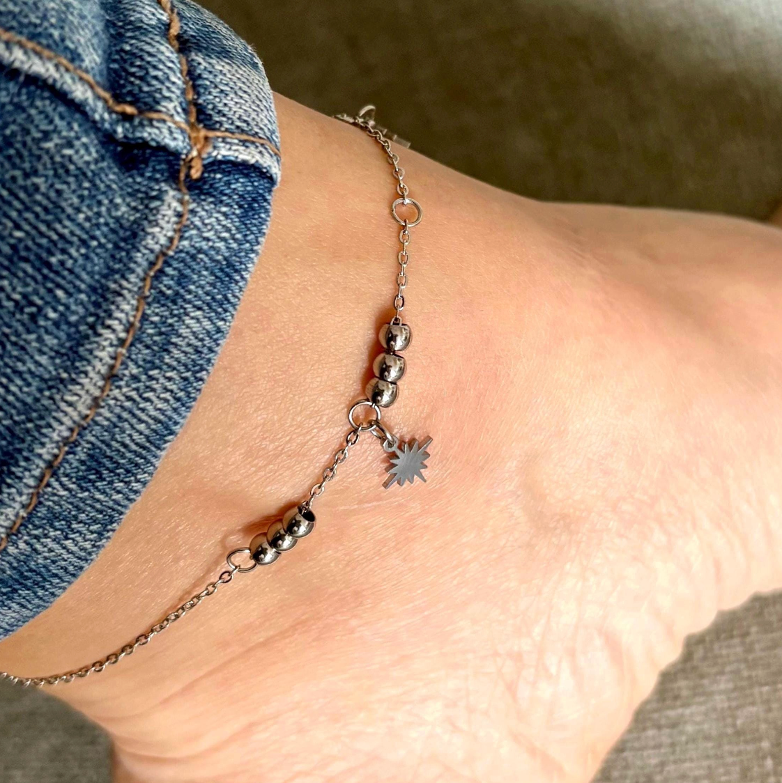 Gold Sun Charm Anklet: Beaded Stainless Steel Ankle Bracelet