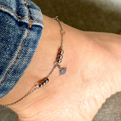 Gold Sun Charm Anklet: Beaded Stainless Steel Ankle Bracelet
