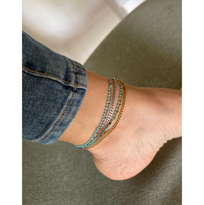 Layered Stainless Steel Anklet: Turquoise Beads, Adjustable Beach Jewelry