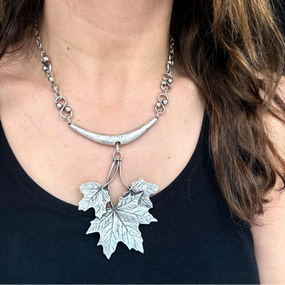 Silver Maple Leaf Necklace, Rustic Boho Pendant, Woodland Jewelry