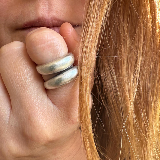 Silver-Plated Brass Brutalist Ring, Chunky Adjustable Statement Jewelry